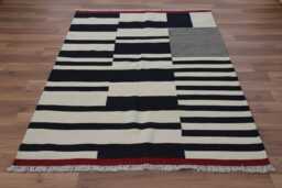 Handwoven Wool Kilim Rug Modern Turkish Flatweave, Red, Begie & Black Carpet - thumbnail 1
