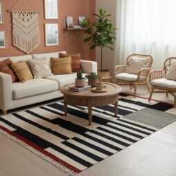Handwoven Wool Kilim Rug Modern Turkish Flatweave, Red, Begie & Black Carpet - thumbnail 2