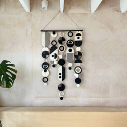 Large Plywood Tapestry Wall Hanging - Black Geometric Art, Handmade