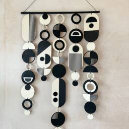 Large Plywood Tapestry Wall Hanging - Black Geometric Art, Handmade - thumbnail 4