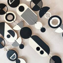 Large Plywood Tapestry Wall Hanging - Black Geometric Art, Handmade - thumbnail 2