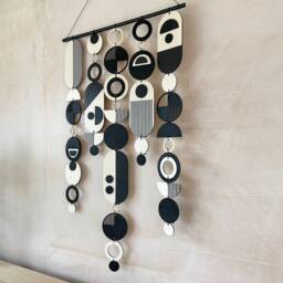 Large Plywood Tapestry Wall Hanging - Black Geometric Art, Handmade - thumbnail 3