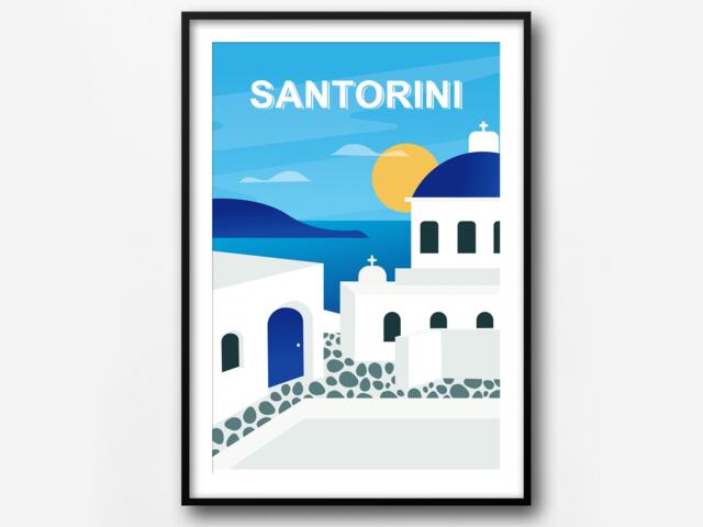 Santorini Greece Retro Travel Poster Archival Paper Wall Art - image 1