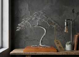 Wire Bonsai Tree Engraved Dedication, Zen Decor On Wood Base