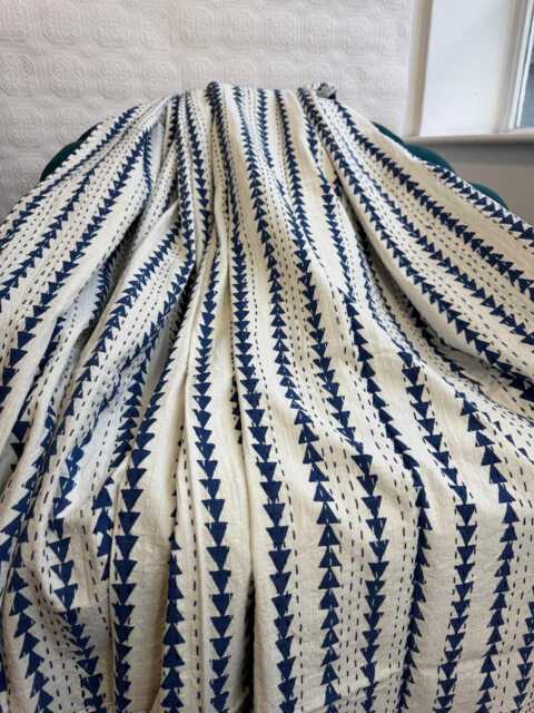 Kantha Stitch Pure Cotton Reversible Bed/Sofa Throw King Size - Handmade Handprinted Floral Dohar Blue Arrow - image 1