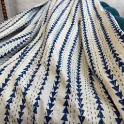 Kantha Stitch Pure Cotton Reversible Bed/Sofa Throw King Size - Handmade Handprinted Floral Dohar Blue Arrow - thumbnail 3