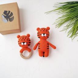 Tiger Cotton Baby Toy, Jungle Shower Gift Idea, Gender Neutral Welcome Gift, Personalized For Future Parents - thumbnail 4