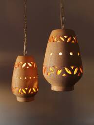 Two Arabesque Cut-Out Pendants, Clay Rustic Pendant, Ceramic Offwhite Hand Carved Ceramics - thumbnail 1