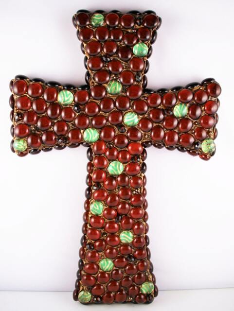 Brown Glass Gem Cross With Turquoise Zebra Accents, Wall - image 1
