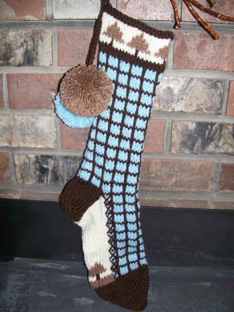 Hand Knit Christmas Stocking Pastel Blue Brown Windowpane Check With Fir Tree Detail By Santa's Works - image 1