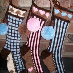Hand Knit Christmas Stocking Pastel Blue Brown Windowpane Check With Fir Tree Detail By Santa's Works - thumbnail 3