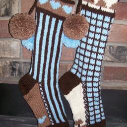 Hand Knit Christmas Stocking Pastel Blue Brown Windowpane Check With Fir Tree Detail By Santa's Works - thumbnail 2