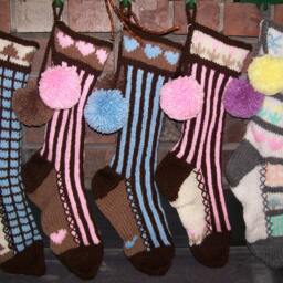 Hand Knit Christmas Stocking Pastel Blue Brown Windowpane Check With Fir Tree Detail By Santa's Works - thumbnail 4