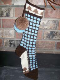 Hand Knit Christmas Stocking Pastel Blue Brown Windowpane Check With Fir Tree Detail By Santa's Works