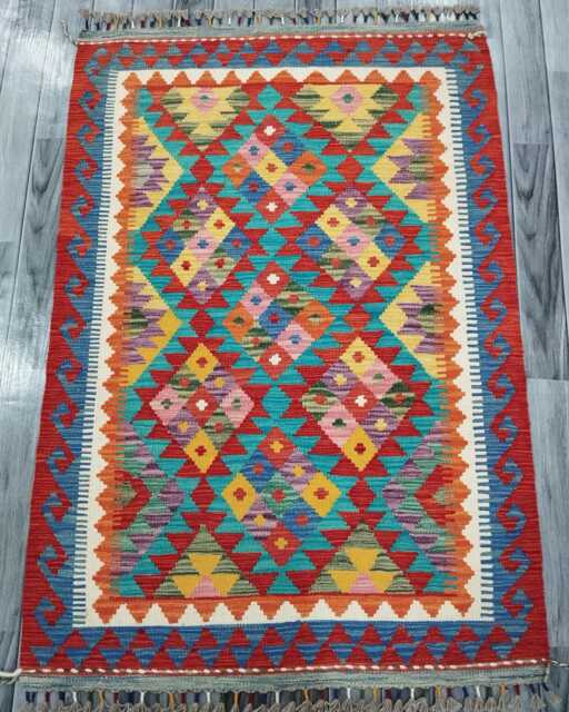 Multicolour Rug, Handmade Artisan Afghan Turkish Scandinavian Navajo Bohemian Flatweave Wool Kilim 146x100 cm - image 1