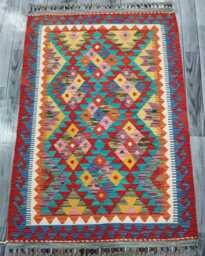 Multicolour Rug, Handmade Artisan Afghan Turkish Scandinavian Navajo Bohemian Flatweave Wool Kilim 146x100 cm - thumbnail 1