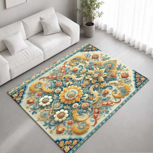 Teal Gold Ornate Floral Baroque Pattern Rug Non-Slip Soft Area Carpet Bedroom Living Room Hallway Mat Decor - Made in UK - image 1