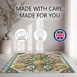 Teal Gold Ornate Floral Baroque Pattern Rug Non-Slip Soft Area Carpet Bedroom Living Room Hallway Mat Decor - Made in UK - thumbnail 2