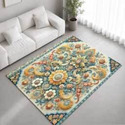Teal Gold Ornate Floral Baroque Pattern Rug Non-Slip Soft Area Carpet Bedroom Living Room Hallway Mat Decor - Made in UK