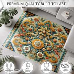 Teal Gold Ornate Floral Baroque Pattern Rug Non-Slip Soft Area Carpet Bedroom Living Room Hallway Mat Decor - Made in UK - thumbnail 3