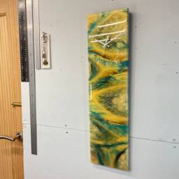 Narrow Teal & Gold Abstract Resin Wall Clock, Long Modern Unusual Home Decor, Luxury Clocks - thumbnail 2
