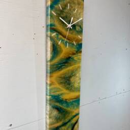 Narrow Teal & Gold Abstract Resin Wall Clock, Long Modern Unusual Home Decor, Luxury Clocks - thumbnail 3