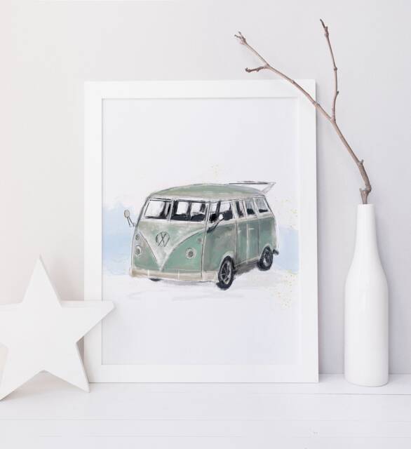 Camper Van Illustration/Modern Beach Decor Retro Children's Room Deco Poster Playroom Customizable