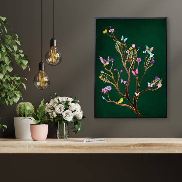 Vibrant Floral Print Spring Tree Wall Art - Exotic Birds in Emerald Green Botanical Maximalist - image 1