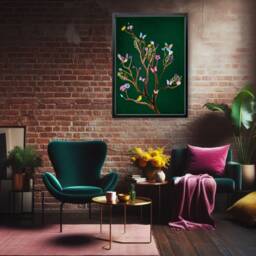 Vibrant Floral Print Spring Tree Wall Art - Exotic Birds in Emerald Green Botanical Maximalist - thumbnail 3