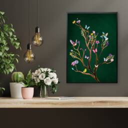 Vibrant Floral Print Spring Tree Wall Art - Exotic Birds in Emerald Green Botanical Maximalist - thumbnail 1