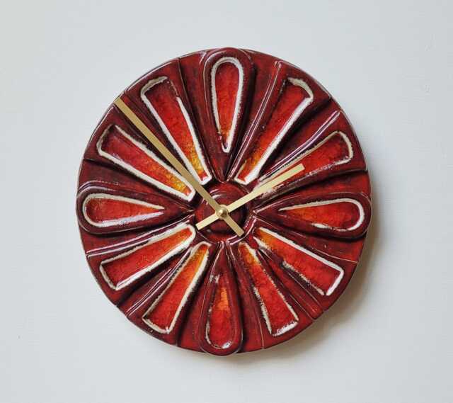 Unusual Hand Made Circular Round Red Glazed Wall Clock With Inlaid Glass 25 cm Diameter - image 1