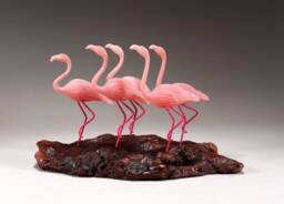 Flamingo Sculpture By John Perry - 5 Birds 9In Long On Polished Burlwood Base. Signed