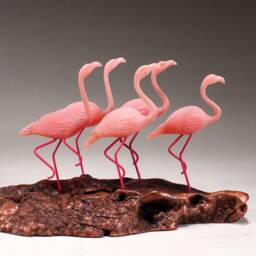 Flamingo Sculpture By John Perry - 5 Birds 9In Long On Polished Burlwood Base. Signed - thumbnail 2