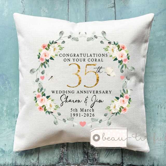 Personalised Coral Wedding Anniversary Cushion, Anniversary, Gift 35 35Th Anniversary Cushion - image 1