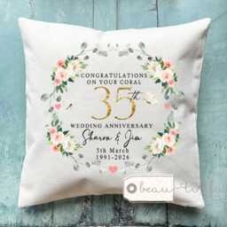 Personalised Coral Wedding Anniversary Cushion, Anniversary, Gift 35 35Th Anniversary Cushion