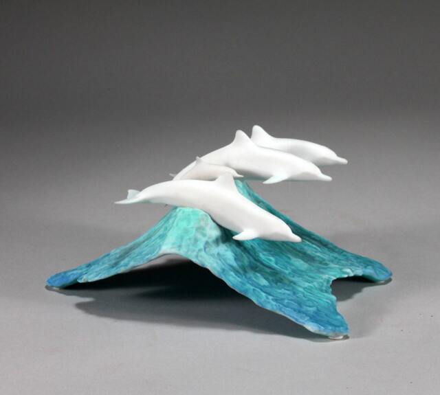 John Perry Dolphin Pod Sculpture, Pellucida Resin Blue Wave Figurine - image 1