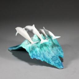 John Perry Dolphin Pod Sculpture, Pellucida Resin Blue Wave Figurine - thumbnail 3