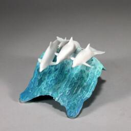 John Perry Dolphin Pod Sculpture, Pellucida Resin Blue Wave Figurine - thumbnail 2
