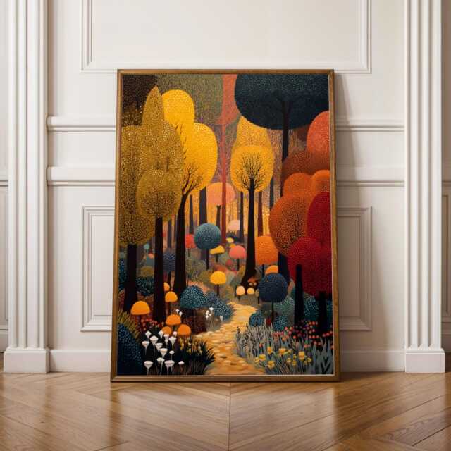 Whimsical Forest Scene, Art Print, Yellow & Teal Decor, Living Room Wall Art, Yayoi Kusama Inspired Art, Gift For Coworker, Christmas - image 1
