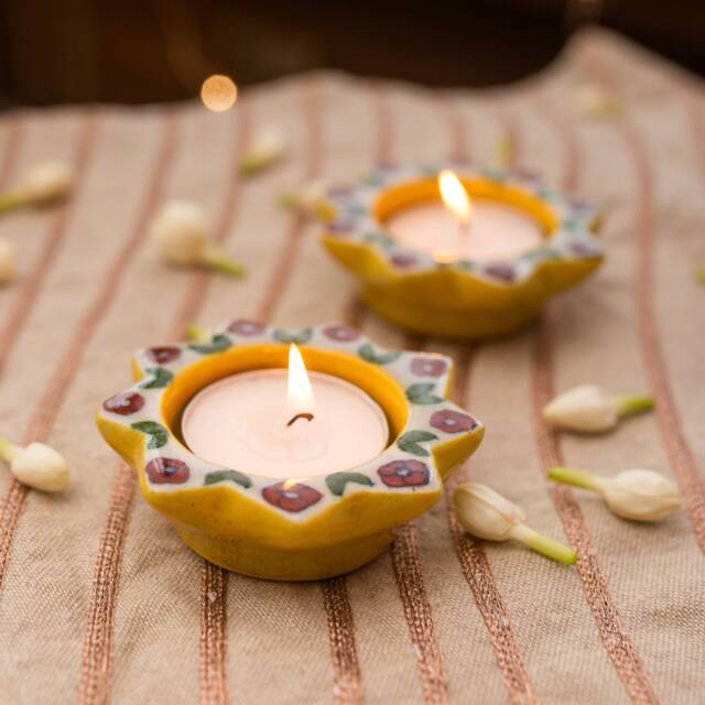 Yellow & Red Sunflower Blue Pottery Diya Set Of 2/4/6, Candel Stand, T-Light Holder, Handcrafted Diyas, Potters in Jaipur - image 1