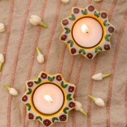 Yellow & Red Sunflower Blue Pottery Diya Set Of 2/4/6, Candel Stand, T-Light Holder, Handcrafted Diyas, Potters in Jaipur - thumbnail 2