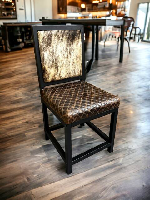 Unique Western Style Dining Chair Featuring Diamond Stitch Leather Seat & Cowhide Back - Fpdc - image 1