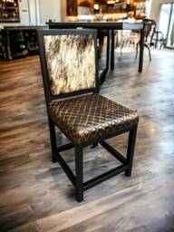 Unique Western Style Dining Chair Featuring Diamond Stitch Leather Seat & Cowhide Back - Fpdc - thumbnail 1