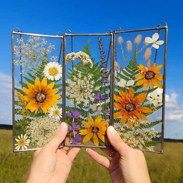 Set Of 3 Stained Glass Pressed Flower Frame Botanical Wall Art - image 1