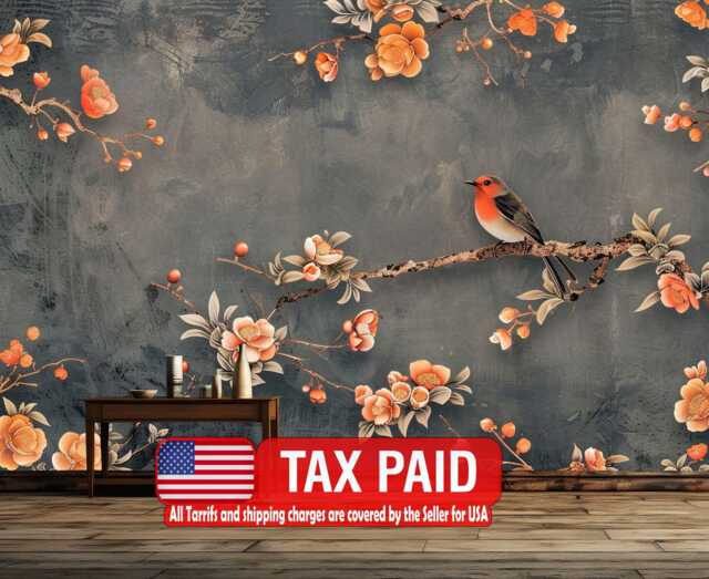 Chinoiserie Floral Bird Wallpaper Mural Peach & Grey Peel & Stick Decal - image 1