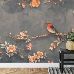 Chinoiserie Floral Bird Wallpaper Mural Peach & Grey Peel & Stick Decal - thumbnail 3