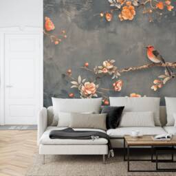 Chinoiserie Floral Bird Wallpaper Mural Peach & Grey Peel & Stick Decal - thumbnail 2