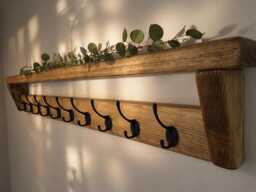 English Oak Waxed Rustic Wall Coat Rack Shelf - Entryway Storage With Hooks