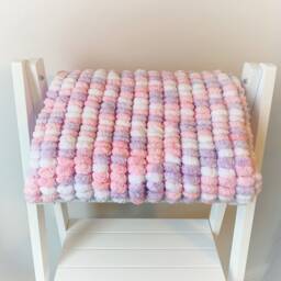 Hand Knitted Pom Baby Blanket - White/Pink/Lilac Pram Size - Approx 60cmx72cm - thumbnail 3
