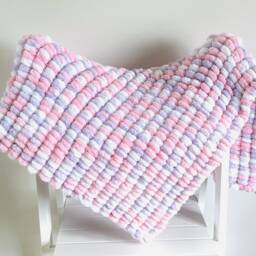 Hand Knitted Pom Baby Blanket - White/Pink/Lilac Pram Size - Approx 60cmx72cm - thumbnail 2
